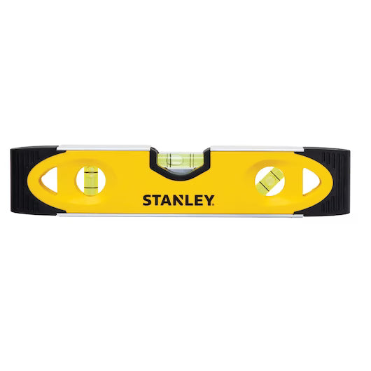 A STANLEY Shock-Resistant Level in yellow and black, featuring three bubble vials, is shown front-facing on a white background. Perfect as a professional layout tool for accurate measurement.